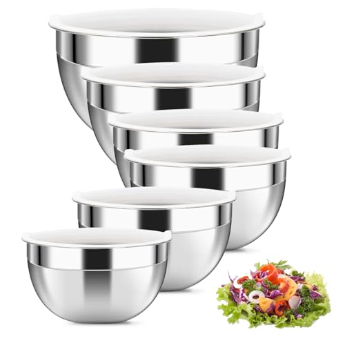 WhiteRhino Set di 6 Ciotole da Miscelazione in Acciaio Inox, Grandi Ciotole da Insalata in Metallo con Coperchi Ermetici, Ciotole da Cucina in Acciaio Inox, 4l,3.2l,2.5l,1.8l,1.45l,0.96l