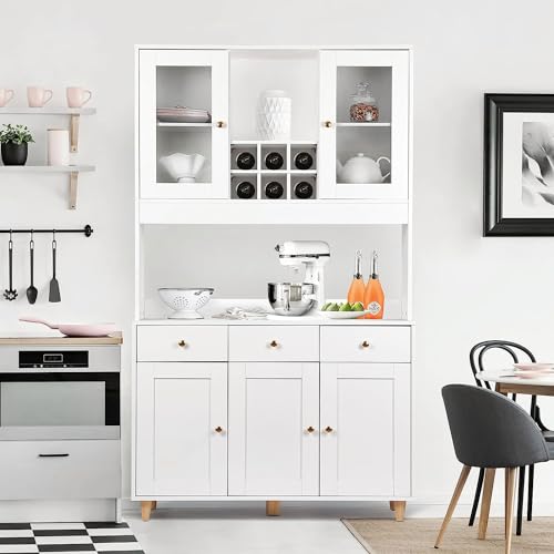 VOWNER Credenza Alta per Cucina, Mobile Buffet, Mobile Dispensa con 5 Armadietti, Mobile Cucina Dispensa, Armadio Dispensa, 5 Ripiani Regolabili, MDF, 100L x 38W x 181H cm (Bianco)