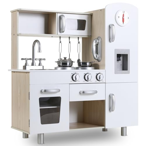 Cucina Legno per Bambini, Cucina Giocattolo per Bambini, Cucina per Bambini in Legno 81x74x30 cm, con Effetti Simulati di Luce e Suono, Dotata di Accessori da Cucina, Bianco