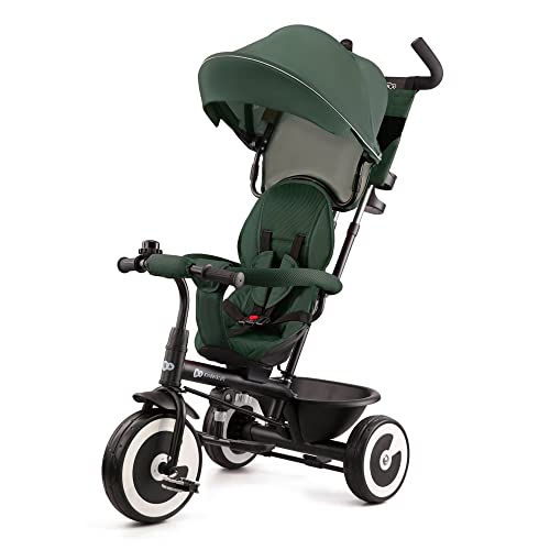 Kinderkraft ASTON Triciclo bambini dai 9 Mesi fino 25 kg, Passeggino con Maniglione regolabile, Bici, Sedile girevole Fronte Mamma e Strada, Cappottina pieghevole, Ruota libera, Verde