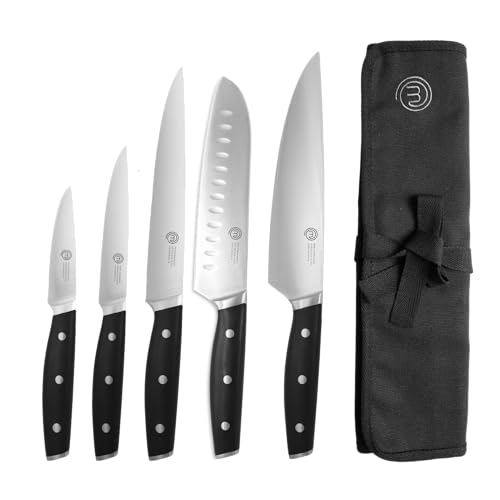 MasterChef Set Coltelli da Cucina Professionali con Borsa Coltelli Chef, Set di Coltelli da Chef, Santoku, Tritatutto, da Ufficio e per Verdure, Acciaio Inossidabile ad Alto Carbonio, 5 Pezzi