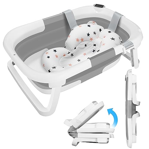 Vaschetta Bagnetto Neonato con Indicatore di Temperatura, Bagnetto Neonato Pieghevole, Vaschetta Bagnetto Neonato Pieghevole con Presa per Soffione Doccia, Salvaspazio, per Bambini da 0 a 36 Mesi (A)