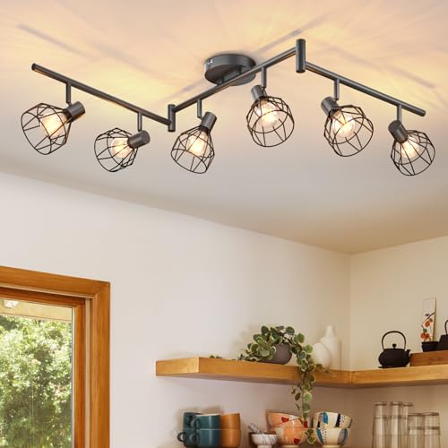 Dehobo Faretti da Soffitto con 6 Faretti Orientabili, Lampada da Soffitto Led Moderno Industriale in Metallo Nero, Luci da Soffitto per Soggiorno Corridoio, Lampadine E14 non Incluse Max. 40W