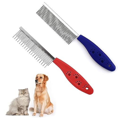 Gatto Pettine di Pelliccia,Pettini per Cani,Pettini per Cani in Metallo,Pettini per Animali Domestici,Pettine per Animali in Acciaio,Pettine di Pulci per Cani e Gatti,Pettine per Pulci,2pcs,Rosso+Blu