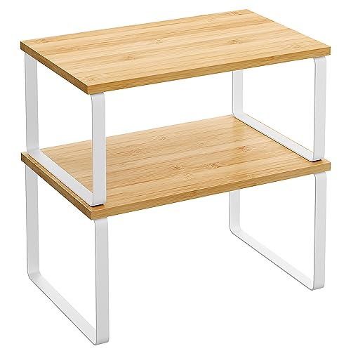 SONGMICS Scaffale Portaspezie, Set di 2 Organizzatori da Cucina Espandibili, Scaffale da Cucina Impilabile, Metallo e Legno Ingegnerizzato, Bianco Nuvola e Beige Naturale KCS02NW