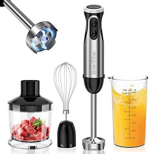 Bonsenkitchen Frullatore a Immersione Multifunzione 4 in 1, Minipimer in Acciaio Inox, 1000 W, 20 Velocità Regolabili, con Frusta, Tritatutto da 500 ml e Misurino da 700 ml, HB3203