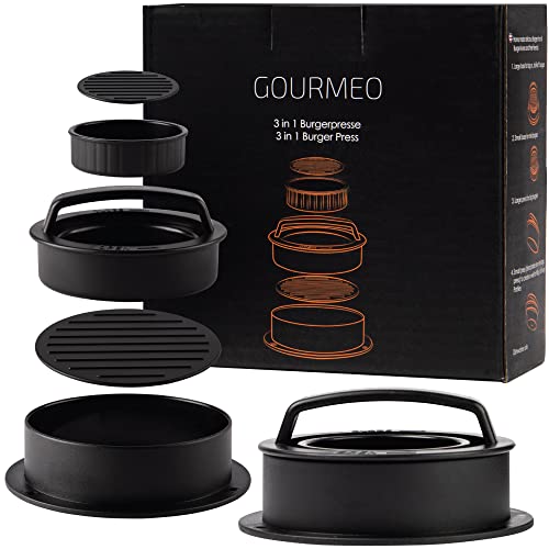 GOURMEO Pressa per harmburger 3in1, per Hamburger Grandi, Piccoli o ripieni + 50 Fogli antiaderenti