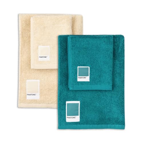 PANTONE™ - Asciugamani Bagno Viso e Bidet Spugna Puro Cotone 100% Certificato OEKO-TEX, 2 Set Asciugamani Bagno 50x100 e 40x50 Morbidi e Assorbenti anche come Asciugamano Palestra, Ottanio e Vaniglia