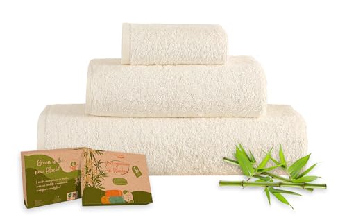 Set 3 Pezzi Asciugamani In Bambù Bagno Salvietta Viso Telo Doccia Asciugamano Pregiati Super Assorbenti Salviette 450 Gr Bamboo Lusso Elegante Confezione Idea Regalo (BambuCrema)