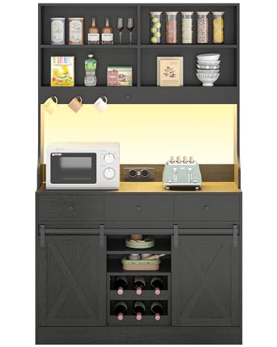 Credenza, Credenza Cucina con Illuminazione a LED, Presa Elettrica, Mobile Buffet, Scaffale Rimovibile, 3 Cassetti, Ripiani Regolabili, Grande Spazio, Cucina, Sala da Pranzo, 103.5*40*180 cm, Nero