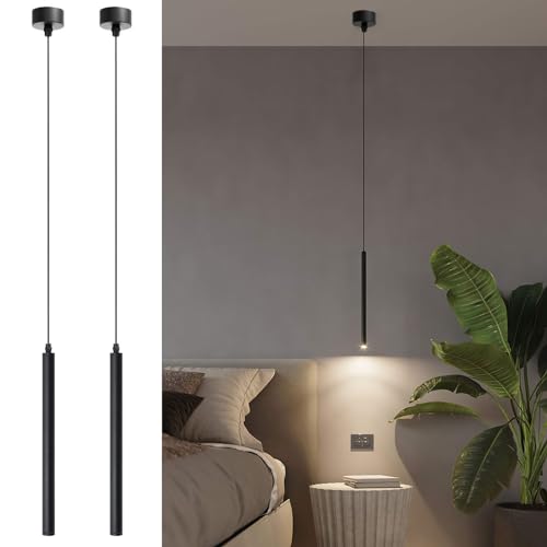 ACMHNC LED Lampada a Sospensione, 2 Pezzi Lampada a Sospensione Comodino Camera da Letto, Lampadario a Sospensione Cilindro Nero Moderne Regolabile In Altezza, Bianco Caldo, 30cm