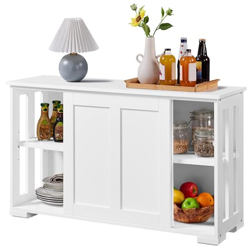 Yaheetech Credenza Mobile da Cucina Bianco con 2 Ante Scorrevoli Salvaspazio e Ripiano Regolabile in Legno Mobiletto TV da Salotto Soggiorno 106,7 x 33 x 63 cm