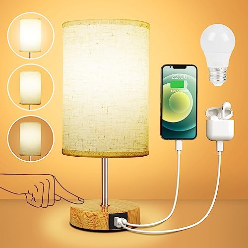 Suright Lampada da Comodino Touch Dimmerabile, Lampada da Tavolo con Porte di Ricarica USB A+C, Paralume in Tessuto di Lino, Abat Jour da Comodino per Camera da Letto Soggiorno (Lampadina Inclusa)