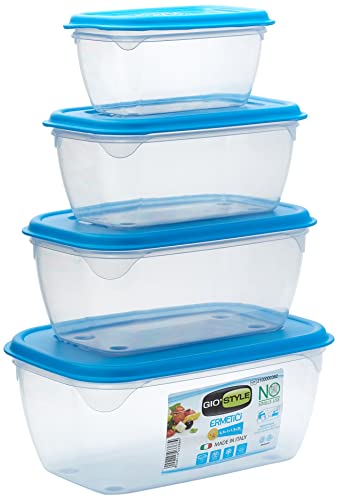 GIO'STYLE Set di 4 Contenitori Ermetici per Alimenti - 0.5L + 1L + 1.5L + 2L - Made in Italy - Rettangolari - Adatto a Frigorifero, Freezer, Microonde - Linea Ermetici