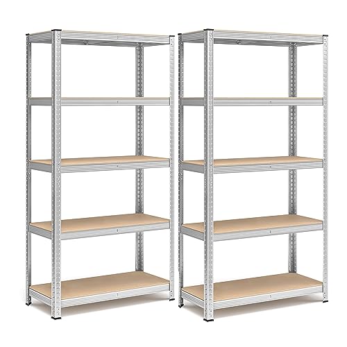 SONGMICS Set di 2 Scaffali per Carichi Pesanti, Scaffalature a 5 Ripiani in Acciaio, Senza Viti, in Garage, Magazzino, Ripostiglio, Portante 875 kg, 40 x 90 x 180 cm, Argento GLR040E02