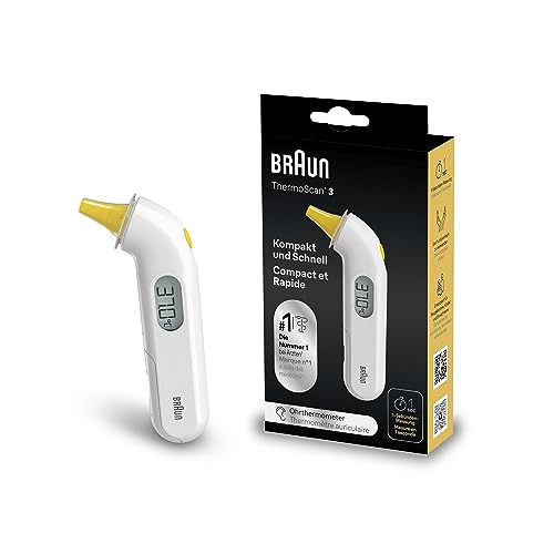 Braun ThermoScan 3 Termometro auricolare, Misurazione rapida di 1 secondo, Indicatore di febbre audio, Display digitale, Adatto a neonati e bambini, Marchio #1 tra i dottori 1, IRT3030