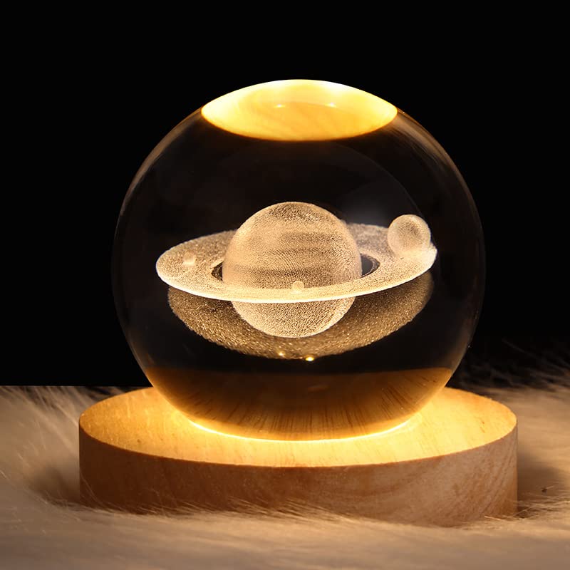 DRYFAL, Sfera di cristallo 3D con motivo Saturno, luce notturna per bambini a forma di sfera in vetro, lampada da notte con base in legno, tema fantasy e galassia con pianeti, decorazione in