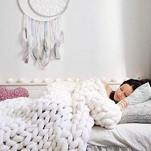 Lavorata Lana Grossa Coperta, Coperte Ingombranti Maglia con Cavo in Cotone Filato Morbido Fatto Mano Bianco 100×100cm