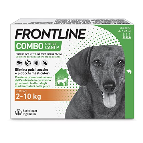 FRONTLINE Combo, 3 Pipette, Cane Taglia S (2 - 10 Kg), Antiparassitario per Cani e Cuccioli di Lunga Durata, Protegge il Cane e Anche la Casa da Pulci, Zecche, Uova e Larve, Antipulci 3 Pipette