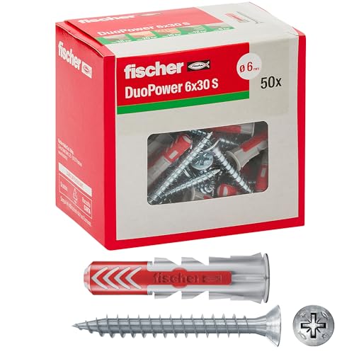 Fischer 50 Tasselli Duopower con Vite, 6 x 30 mm, per Muro pieno, Mattone Forato, Cartongesso, 544016, Grigio