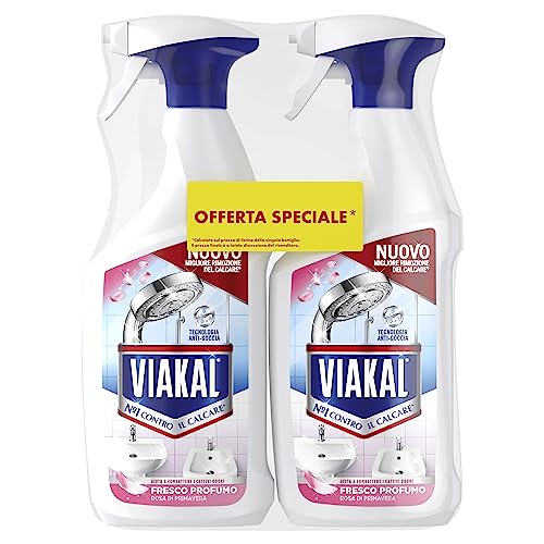 Viakal Fresco Profumo Spray Anticalcare, (2 x 720ml), Tecnologia Anti-Goccia, Elimina Fino Al 100% di Calcare e Residui di Sapone, Combatte i Cattivi Odori, Brillantezza a Lungo