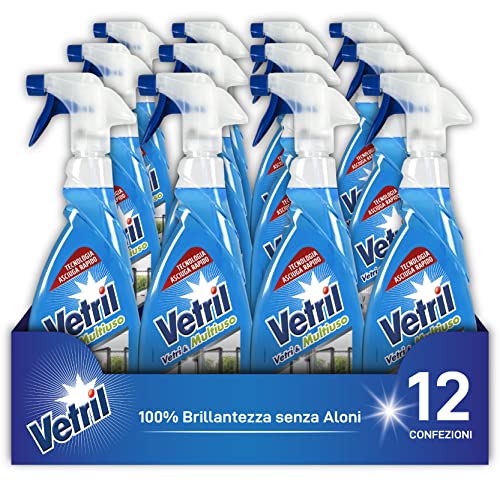 Vetril - Detergente Spray Vetri e Multiuso con Ammoniaca, Azione Sgrassante e Tecnologia Asciuga Rapido, in Ecoflacone, 650 ml x 12 pezzi