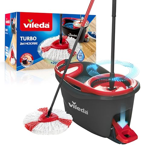 Vileda Turbo Mop Easy Wring & Clean con secchio a pedale, manico telescopico da 85-130 cm, con tergicristallo rotante, scopa in microfibra 2 in 1, grigio