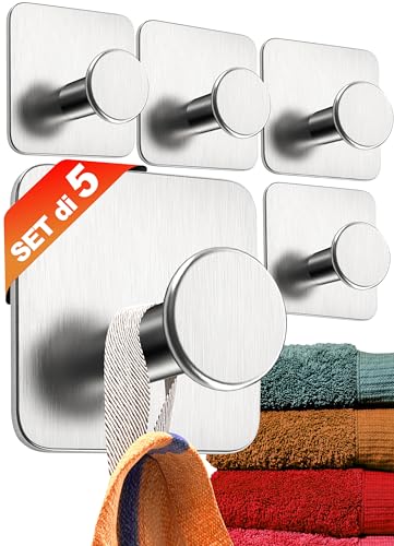 4smile ganci adesivi acciaio inox - SET 5 appendi porta asciugamani inox bagno antiruggine ganci adesivi - appendi accappatoio bagno