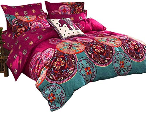 Loussiesd Copriletto bohémien per letto 230x220cm, decorazione etnica vintage floreale con 2 federe con cerniera, in morbida microfibra stile esotico, 3 pezzi