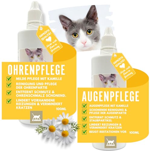 EMMA Detergente per Orecchie e Occhi per Gatti I Set 2 * 100ml I Gocce oculari Delicate I Gocce Auricolari più camomilla per prurito, scuotimento della Testa I Set per la Cura del Gatto