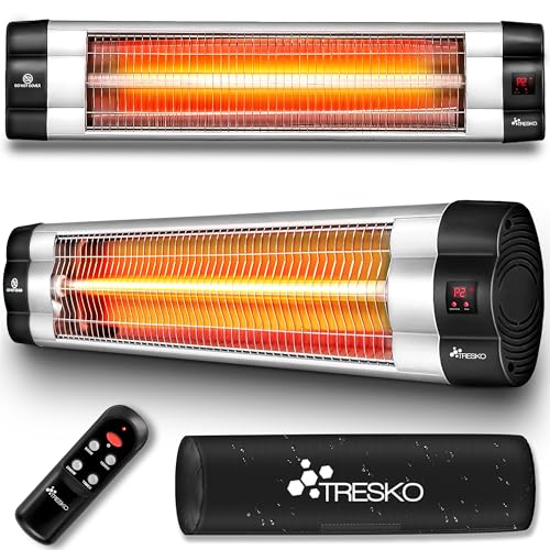 TRESKO Riscaldatore ad Infrarossi 2500W con Telecomando | con 3 Livelli di Calore | Stufa Elettrica da Esterno da Terrazzo per Fuori e Dentro | Radiatore Riscaldatore da Parete con Display LED