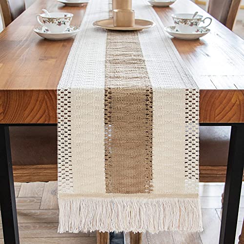 Runner Tavola Moderno in Lino Di Cotone, Runner per il Tavolo con Nappa, Boho Vintage, per Matrimoni, Compleanno, Battesimi e Tutte le Celebrazioni, Kaki, 30 × 180 Cm(con Nappe) (Cachi)