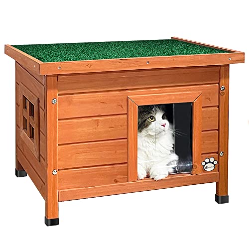 VOUNOT Casetta per Gatti in Legno con Finestra in Plexiglas, Cuccia da Esterno Casa per Gatti con Porta e Tetto 57x45x43cm