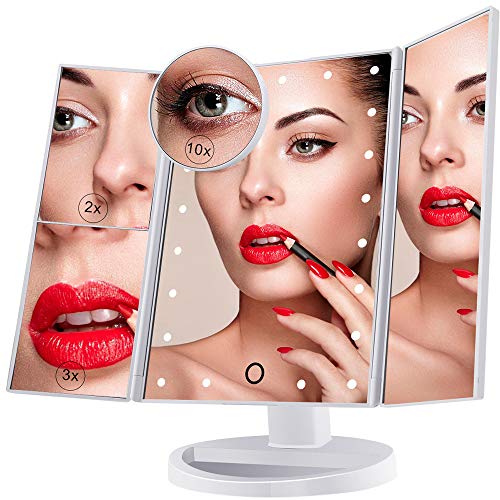 Specchio Per il Trucco Illuminato, Specchio Cosmetico per Vanità a 22 Luci a LED, Touch Screen Con Ingrandimento Triplo Ingrandimento 2X 3X 10X, Rotazione Libera di 180 °, Doppio Alimentatore Bianco