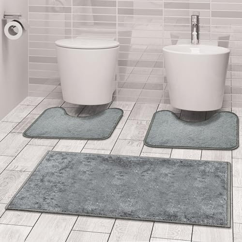 Comart, Tappeto Ocean da Bagno, Parure Set 3 Pezzi, Antiscivolo, Tinta Unita Colore Grigio