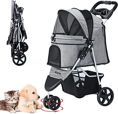 Passeggino per Cani Piccoli Pieghevole, carrello per cani Carrello per Animali Domestici, Passeggino Gatti Adatto per cani di piccola taglia fino a 15 kg (Grigio)