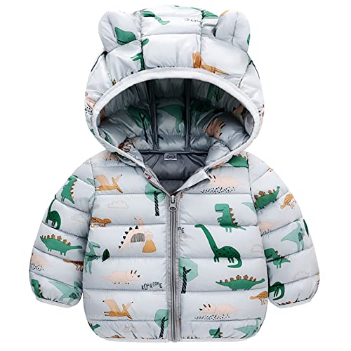 JinBei Cappotto Piumino per Bambini, Giacca Invernale con Cappuccio Dinosauro Grigio Giubbotti, Bimbo Leggero Carino Imbottito Cappotti Autunno Giacche Neve Neonato Ragazzo Capispalla 2-3 Anni