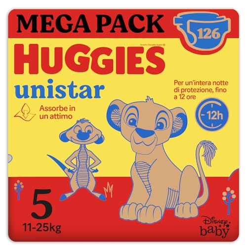 Huggies Unistar, Pannolini Taglia 5 (11-25 Kg), Design Disney, Protezione completa, 126 Pz