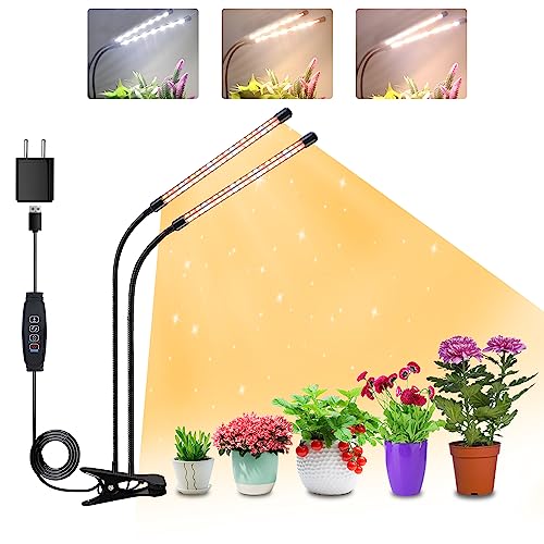 2 teste di luce per piante, Lampada per Piante LEDs, Lampada Piante Coltivazione, Luce di crescita a spettro completo, Lampada di Crescita con Timer Auto on/off 3H/6H/12H per Frutta Verdure Fiore