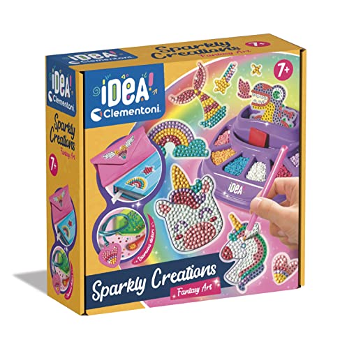 Clementoni- Idea-Sparkly Creations-Fantasy Painting, Diamond Art, Kit Arte, Laboratorio Gemme, Gioco Creativo Bambini 7 Anni, Colore Multilingua, 18746