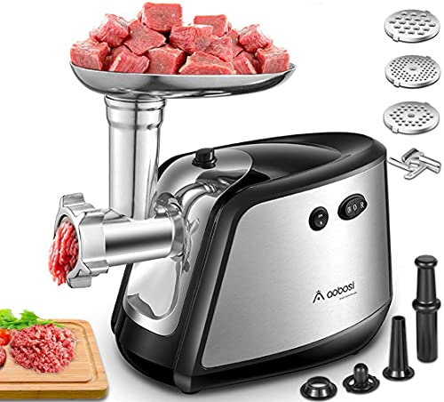 【Upgraded】Aobosi Tritacarne Elettrico 3-IN-1 Tritacarne con 3 piastre di macinazione in acciaio inossidabile,attacco per salsiccia e kubbe,Tritacarne per carne 1200W Max per macinazione rapida