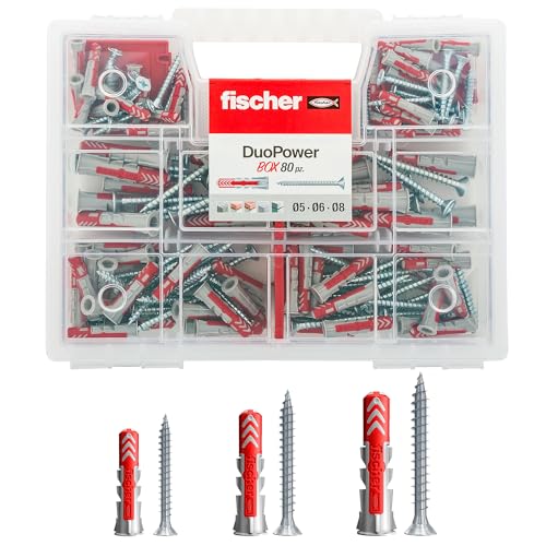 Fischer KIT DUOPOWER, Valigetta 80 Tasselli universali Duopower con Vite Assortiti, per Fissaggio su Muro Pieno, Mattone Forato, Cartongesso e Calcestruzzo cellulare, 544546