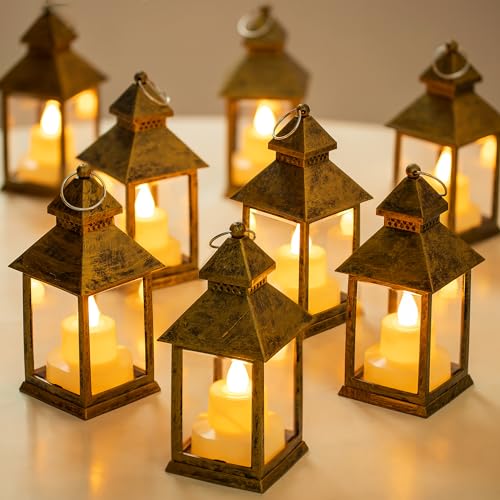 Romadedi, lanterna orientale dorata, decorazione da tavolo, set di 10 mini lanterne a LED in metallo, da appendere, per matrimoni, tavoli, Halloween, Ramadan, giardino, balcone, interni, esterni,