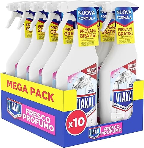 Viakal Fresco Profumo Spray Anticalcare, Confezione da 10 x 470ml, Fragranza Rosa di Primavera, Tecnologia Anti-Goccia, Elimina Fino Al 100% Di Calcare e Residui di Sapone