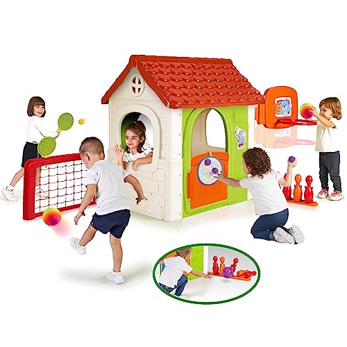 FEBER Multi Activity House 6in1, Casetta da Giardino per bambini con 6 Attività, Bowling, Racchette, Giochi con la Palla, Calcio, Pallacanestro, Bersaglio in velcro,da 3 anni, Famosa (FEH15000)