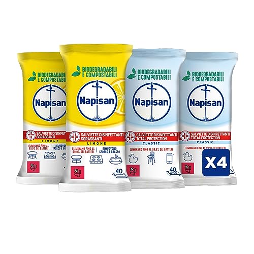 Napisan Salviette Disinfettanti Biodegradabili, Confezione da 2x40 Salviette Disinfettanti al Limone e Confezione da 2x40 Formula 0%, Disinfettante Multisuperfici contro Germi, Batteri e Allergeni