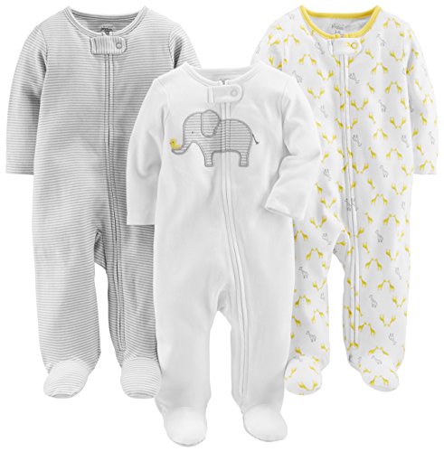 Simple Joys by Carter's 3-Pack Neutral Sleep And Play Dormienti per Neonati e Bambini, Bianco Elefante/Grigio Chiaro Mini Righe/Giraffe, 6-9 Mesi (Pacco da 3) Unisex-Bimbi