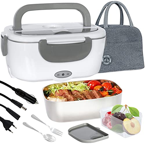 Scaldavivande Elettrico Portatile con Borsa Termica 1.5L (55W 220V), Lunch Box Portavivande Termico Elettronico Portatile in Acciaio Inox, Porta Pranzo da Ufficio e Auto, Grigio