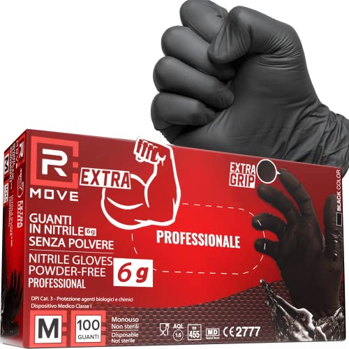 R MOVE 100 guanti in Nitrile NERI 6 grammi EXTRA RESISTENTI 60% di SPESSORE in più al dito rispetto al 3,5 gr NO polvere NO lattice per Meccanici, Tatuatori, Ristorazione, Guanti monouso (M)