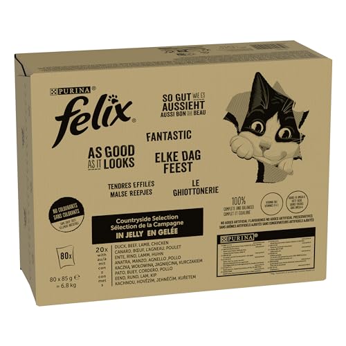 Purina Felix Le Ghiottonerie Cibo Umido per Gatti con Manzo, Pollo, Anatra, Agnello, Confezione da 80 buste da 85g